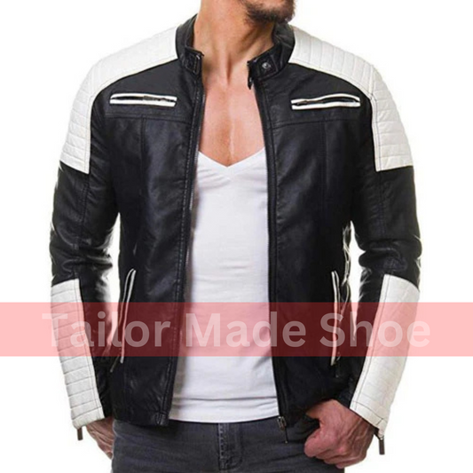 Handmade Men's Black and White Slim Fit Biker Jacket, Men Leather Jackets