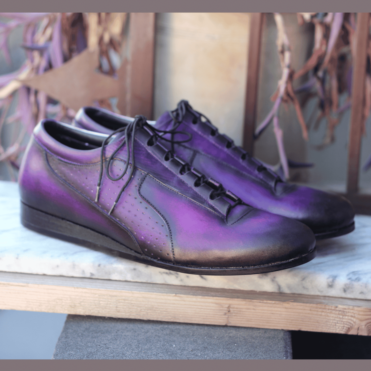 Handmade Purple Gradient Leather Sneakers - Artisan Casual Shoes for Men Artisan Purple Leather Gradient Finish Craftsmanship Shoes