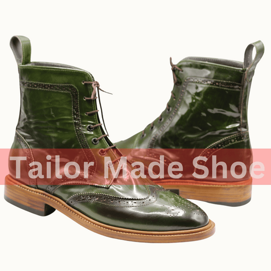 High-Quality Wingtip Brogue Boots in Glossy Green Leather Handmade Green Leather Brogue Boots – Classic Wingtip Design