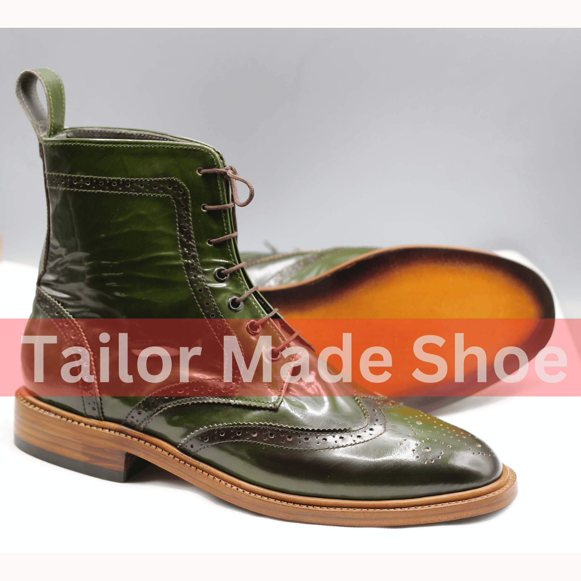 High-Quality Wingtip Brogue Boots in Glossy Green Leather Handmade Green Leather Brogue Boots – Classic Wingtip Design