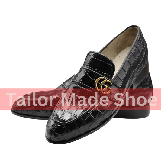 Luxury Black Crocodile-Embossed Loafers with Gold Accent Exclusive Black Crocodile Texture Loafers – Handmade Elegance