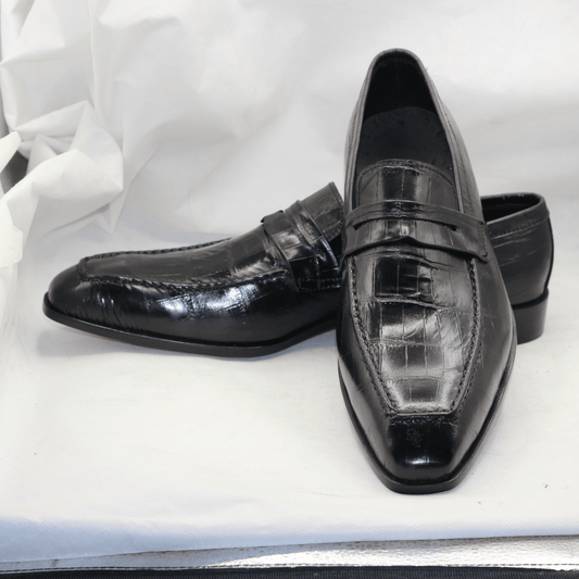 Exotic Black Crocodile-Print Leather Shoes for Men Artisan-Made Black Leather Shoes - Timeless Slip-On Style - Classic Formal Style Bespoke Handmade Premium Quality Shoes Loafers Men's Shoes