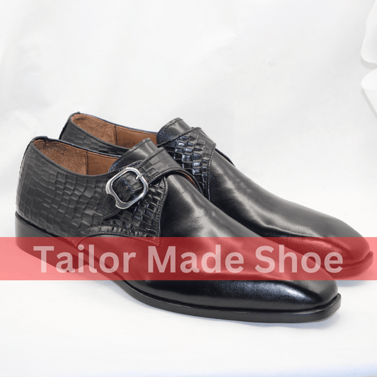 Luxury Handmade Black Monk Strap Shoes with Crocodile Detail Handcrafted Crocodile Pattern Leather Monk Strap Shoes
