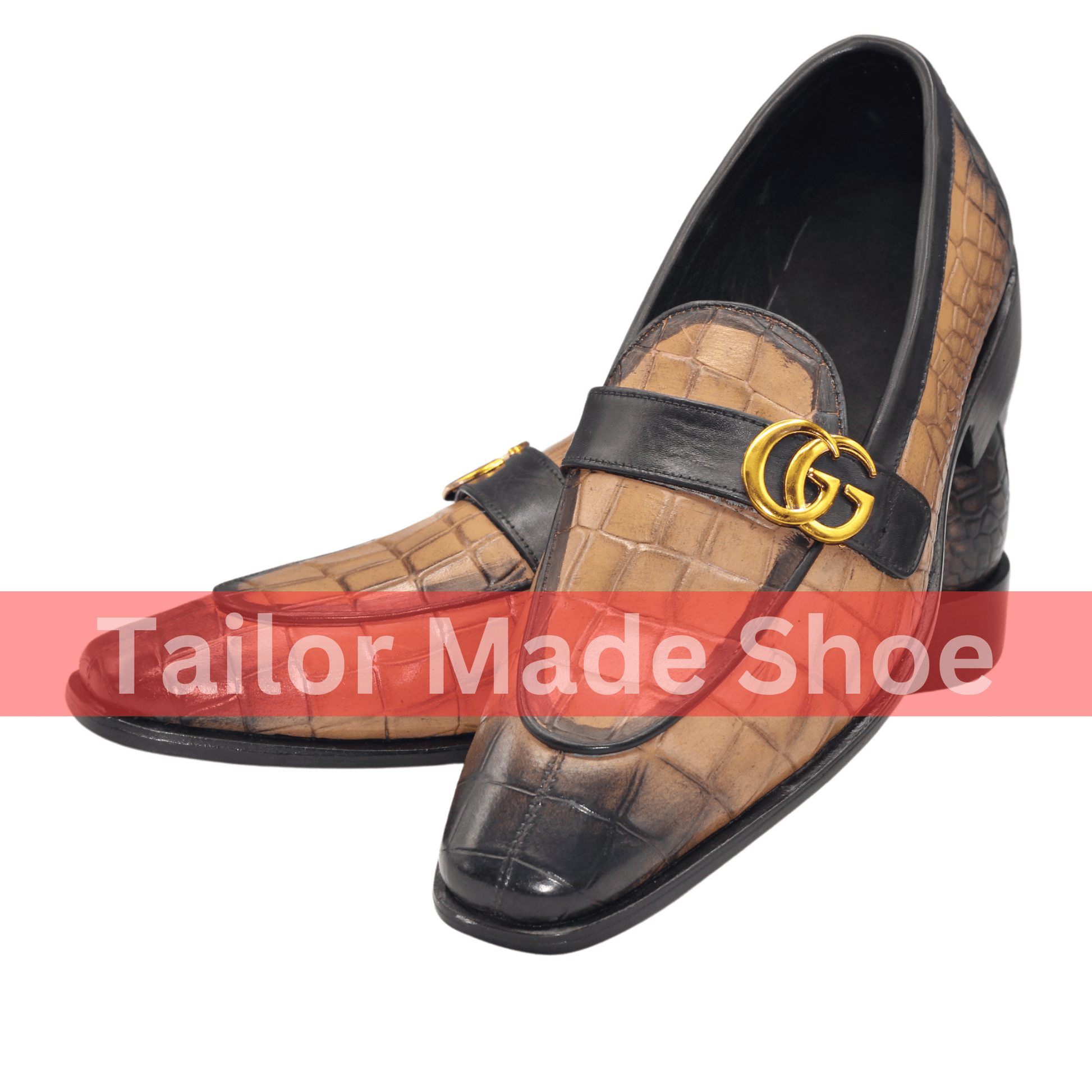 Luxury Handmade Tan Crocodile Loafers with Gold Accent – Bespoke Unisex Leather Shoes Custom-Made Tan Loafers with Gold Detail – Sophisticated Handmade Fashion Footwear