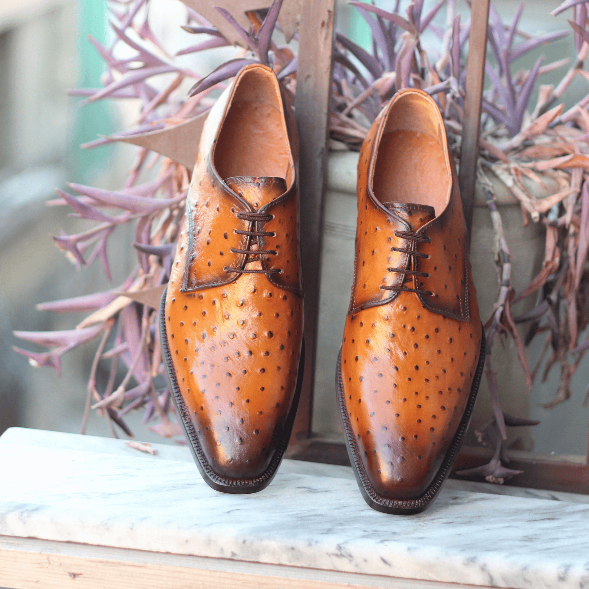 Luxury Ostrich-Patterned Lace-Up Shoes – Artisan Made Bespoke Derby Shoes Tailored to Your Tastes, Handmade Bespoke Custom Made, Ostrich Print Leather Derby Shoes