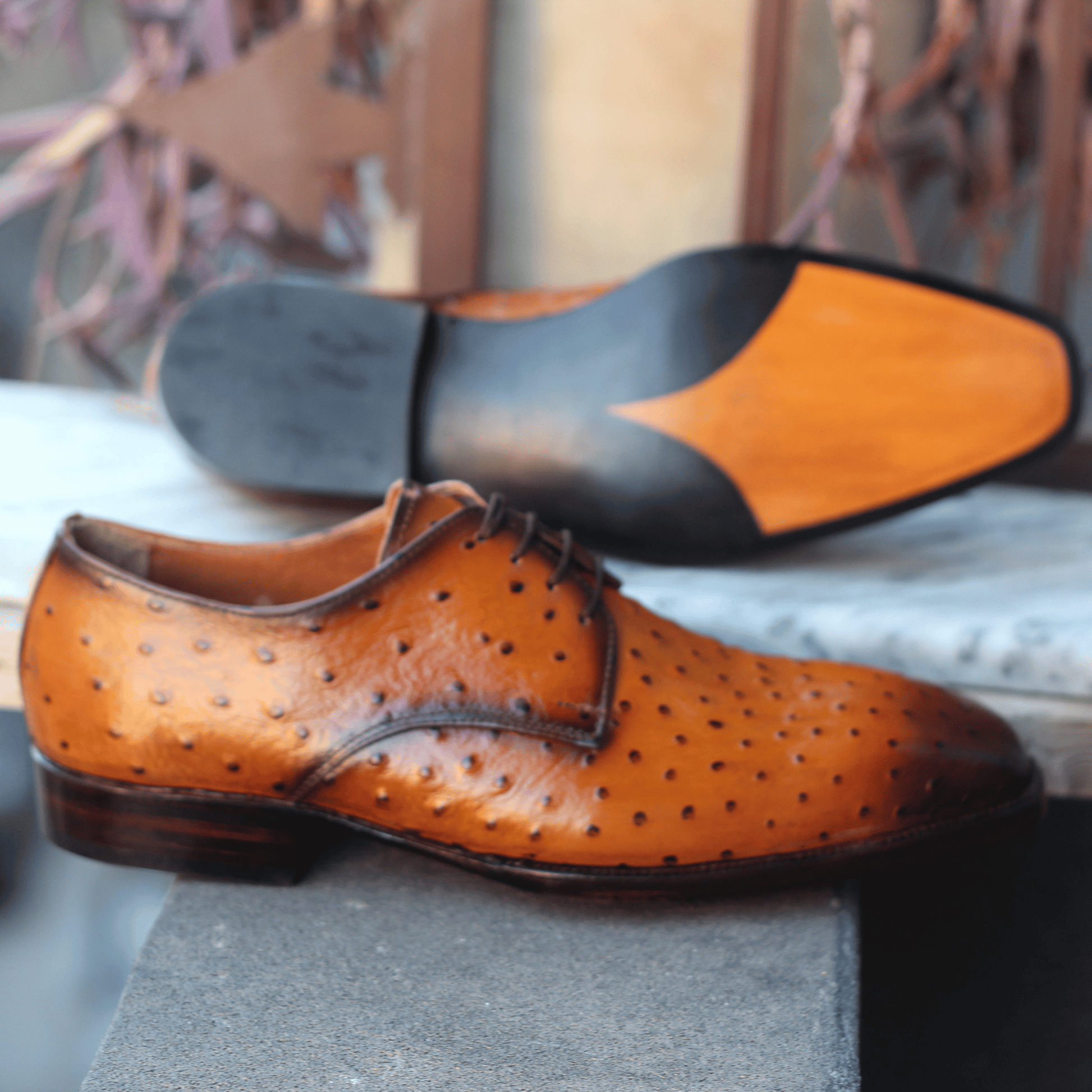 Luxury Ostrich-Patterned Lace-Up Shoes – Artisan Made Bespoke Derby Shoes Tailored to Your Tastes, Handmade Bespoke Custom Made, Ostrich Print Leather Derby Shoes