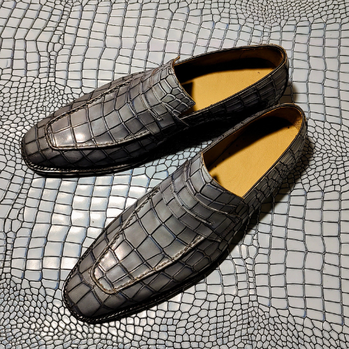 Made to Order Bespoke Handmade Made to Measure Genuine Crocodile Print Gray Leather Loafers Slip On Moccasin Mens Shoes
