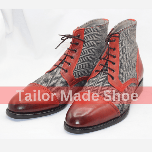 Men's Tweed & Leather Lace-Up Boots – Vintage Style Red Accents Handmade Tweed and Leather Lace-Up Boots – Timeless Elegance