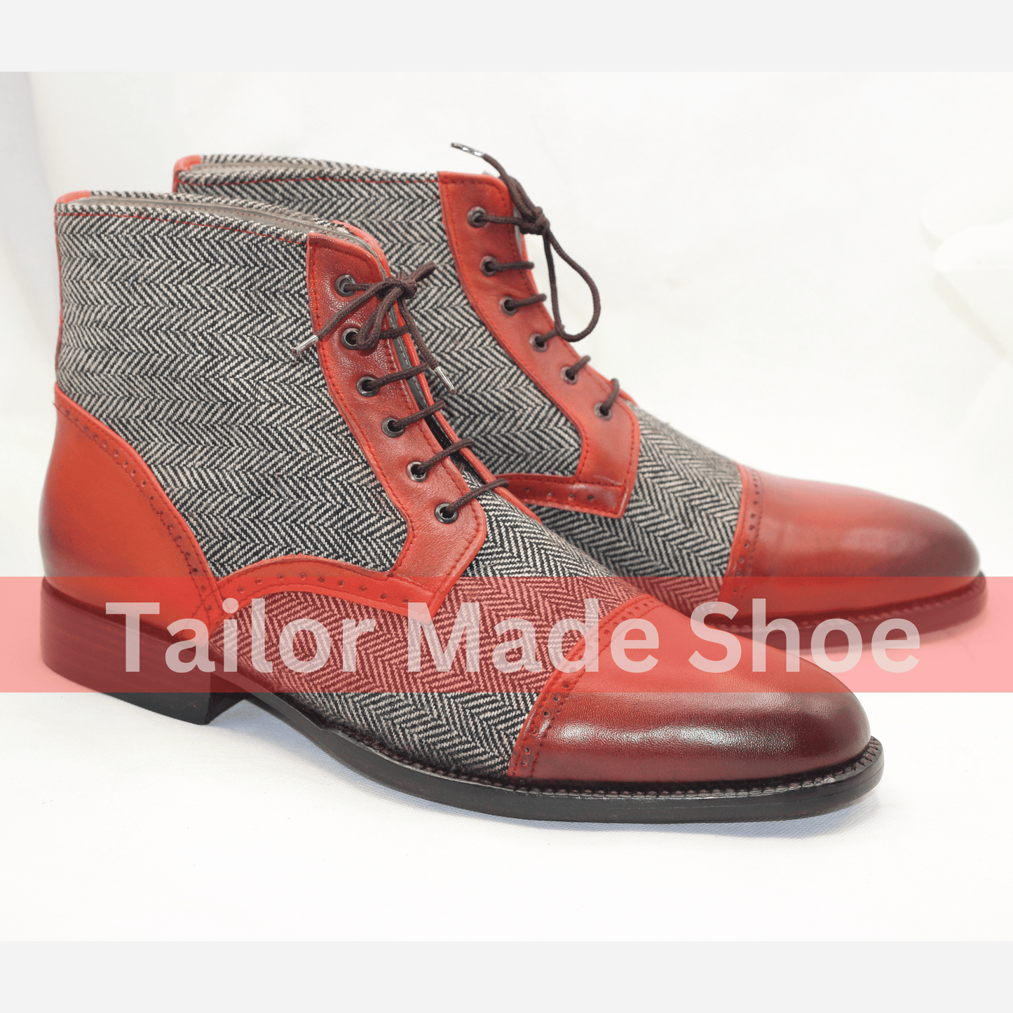 Men's Tweed & Leather Lace-Up Boots – Vintage Style Red Accents Handmade Tweed and Leather Lace-Up Boots – Timeless Elegance