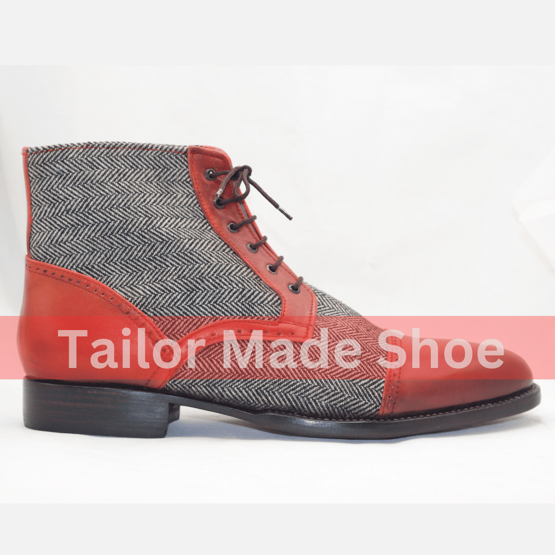 Men's Tweed & Leather Lace-Up Boots – Vintage Style Red Accents Handmade Tweed and Leather Lace-Up Boots – Timeless Elegance