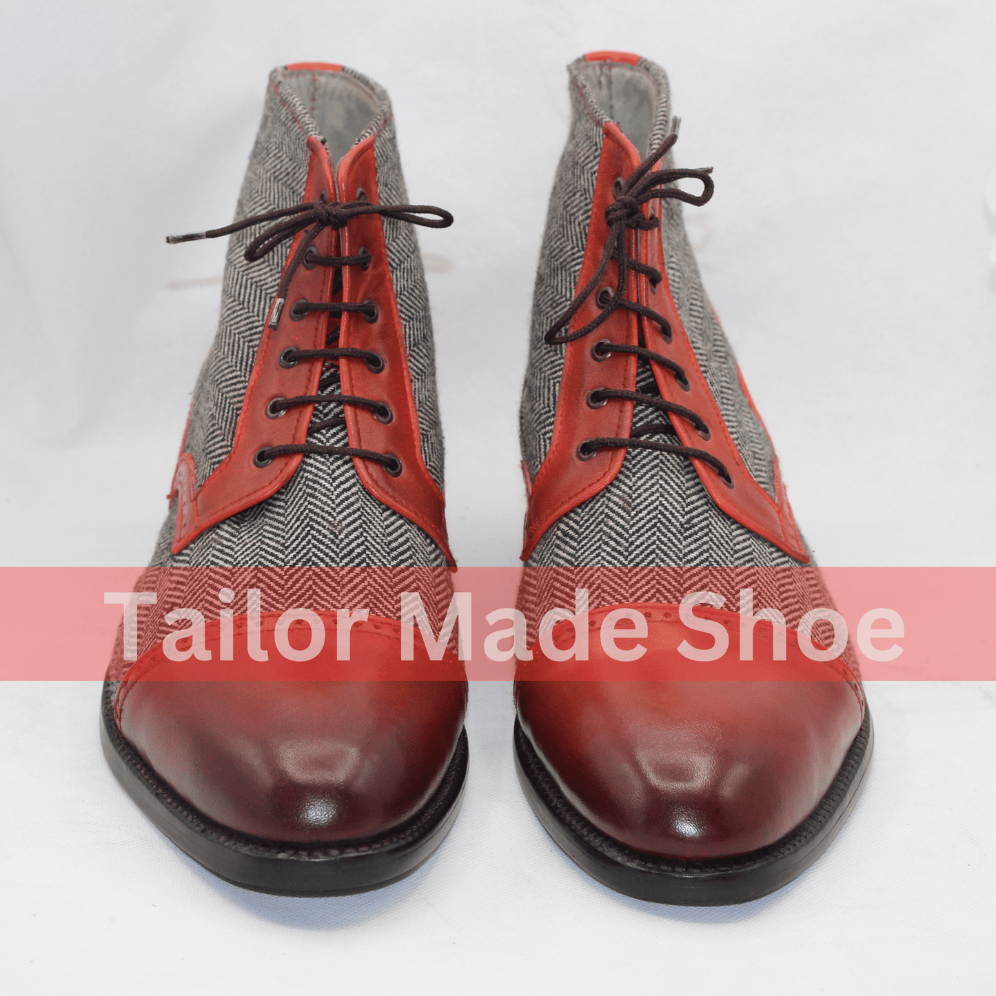 Men's Tweed & Leather Lace-Up Boots – Vintage Style Red Accents Handmade Tweed and Leather Lace-Up Boots – Timeless Elegance