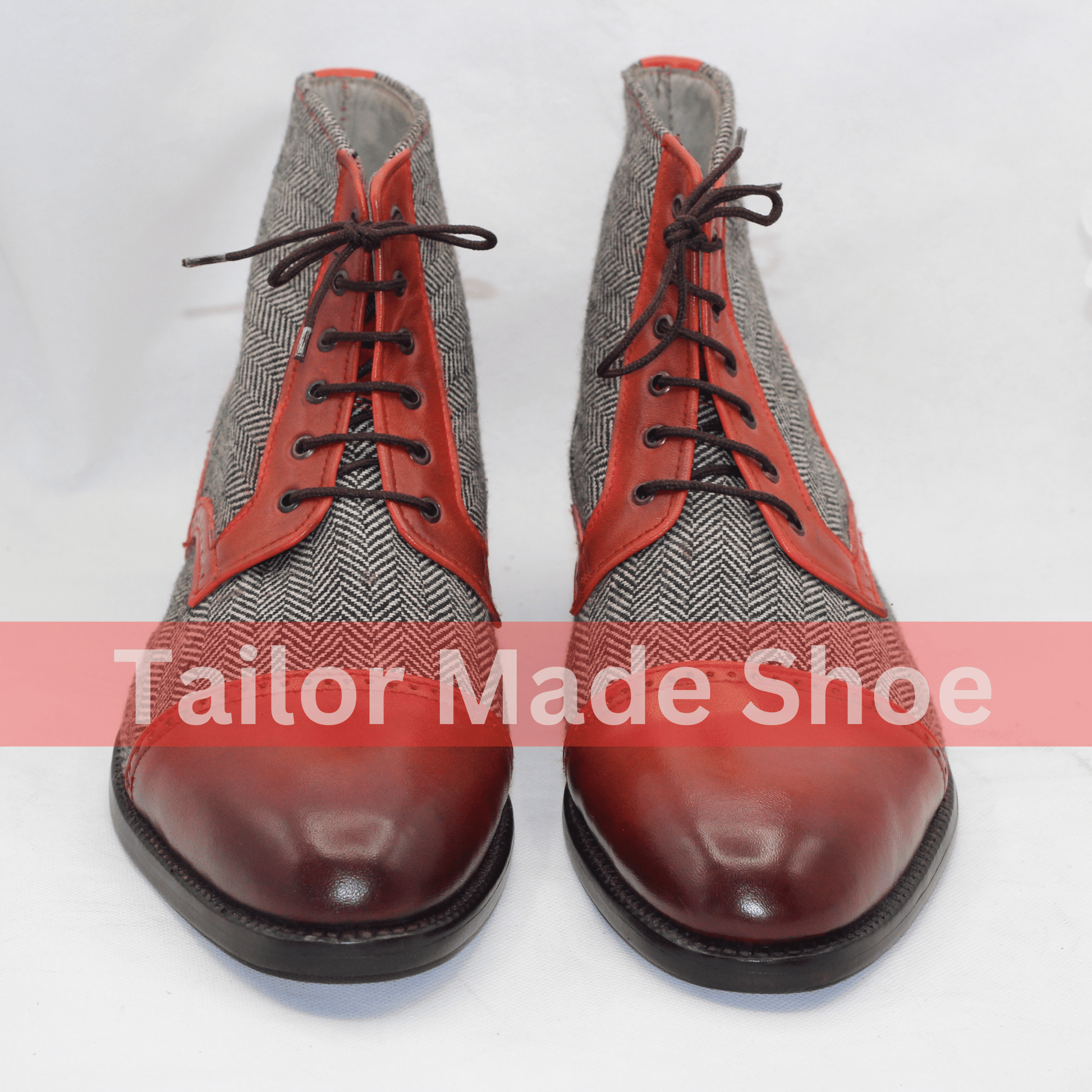 Men's Tweed & Leather Lace-Up Boots – Vintage Style Red Accents Handmade Tweed and Leather Lace-Up Boots – Timeless Elegance