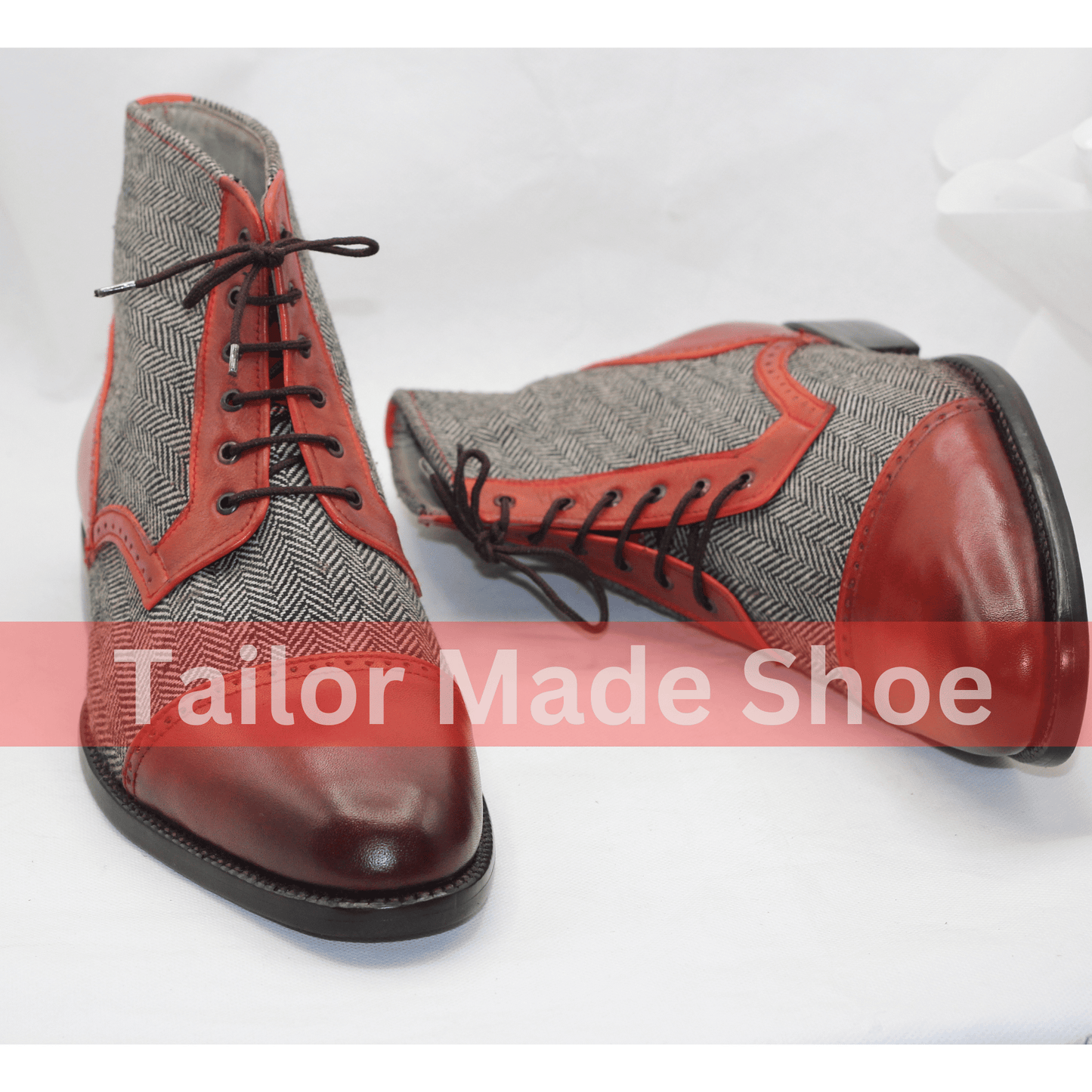 Men's Tweed & Leather Lace-Up Boots – Vintage Style Red Accents Handmade Tweed and Leather Lace-Up Boots – Timeless Elegance