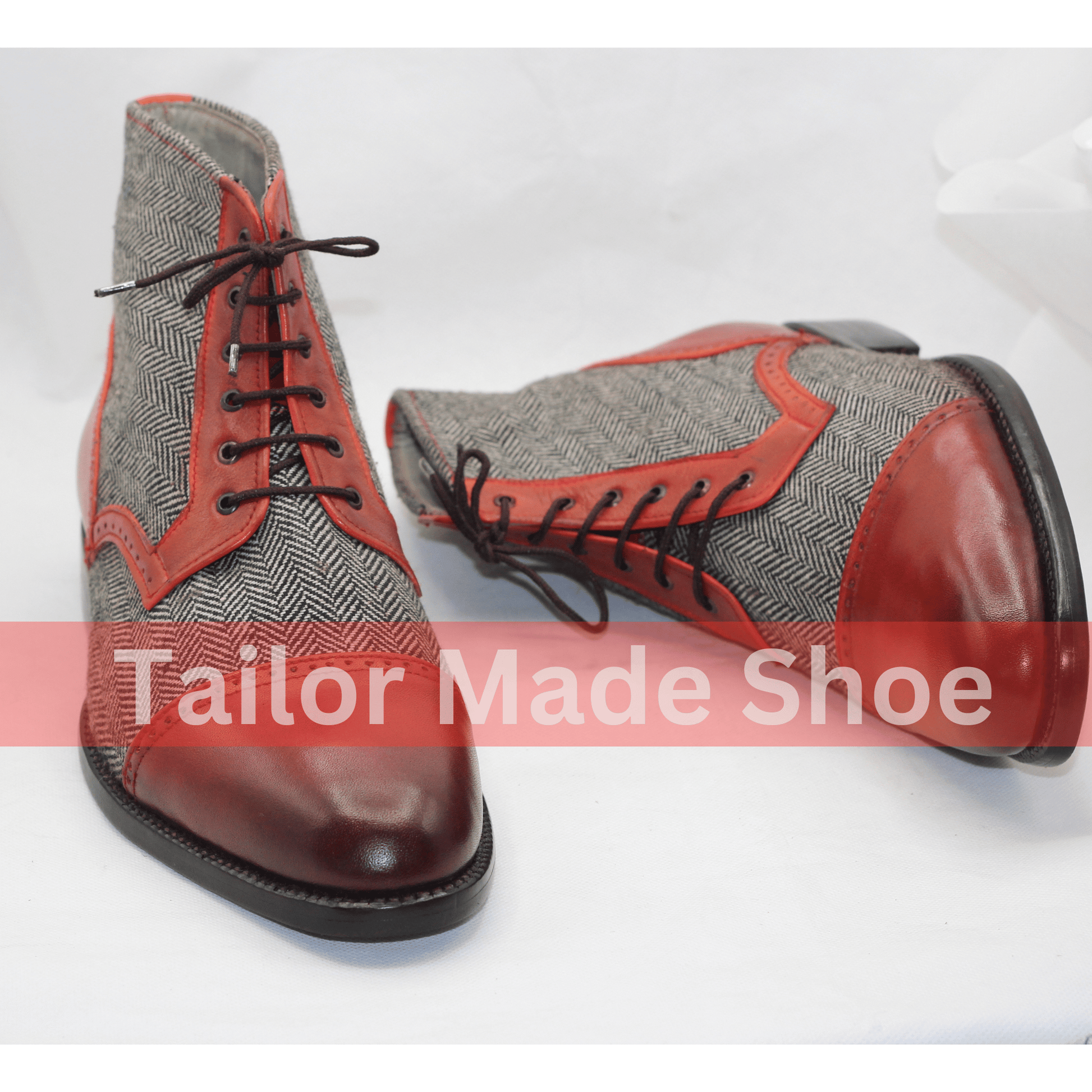 Men's Tweed & Leather Lace-Up Boots – Vintage Style Red Accents Handmade Tweed and Leather Lace-Up Boots – Timeless Elegance