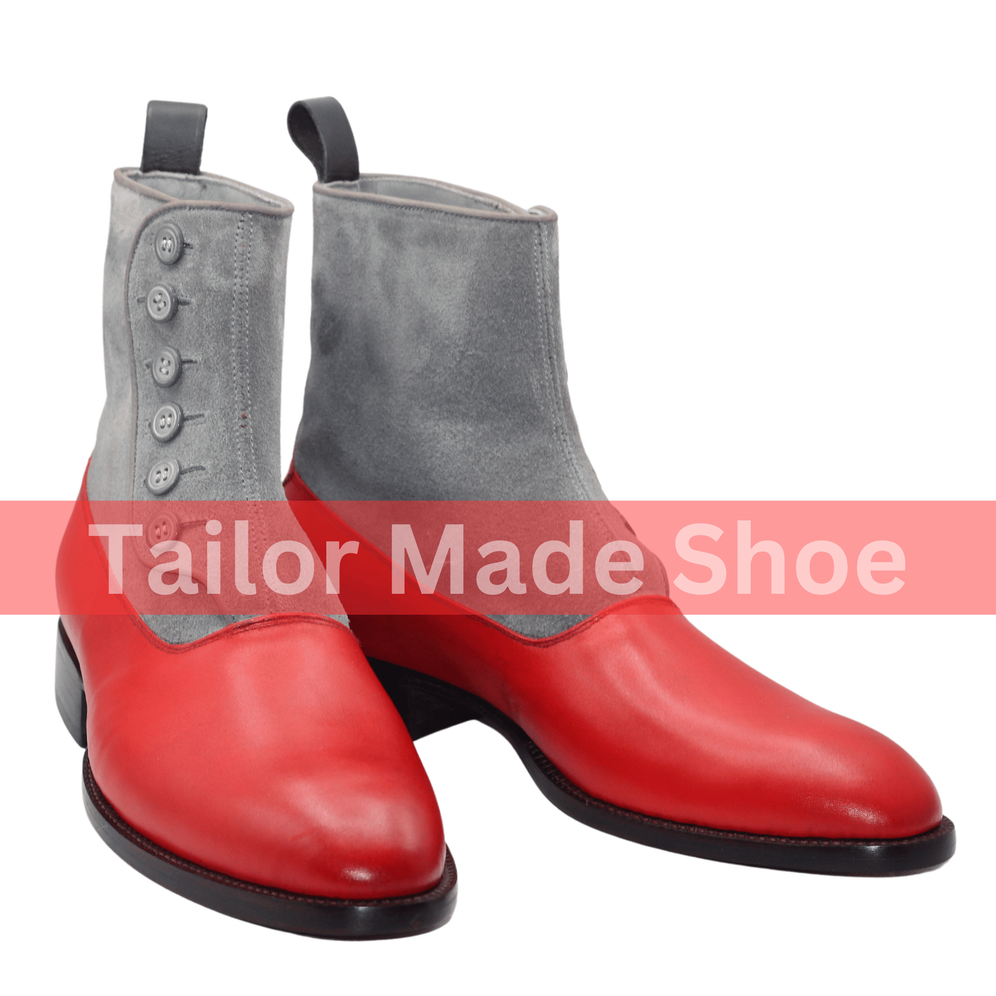 Men's Two-Tone Button Boots – Red Leather & Gray Suede High-End Buttoned Leather Boots Handcrafted Men's Button Boots