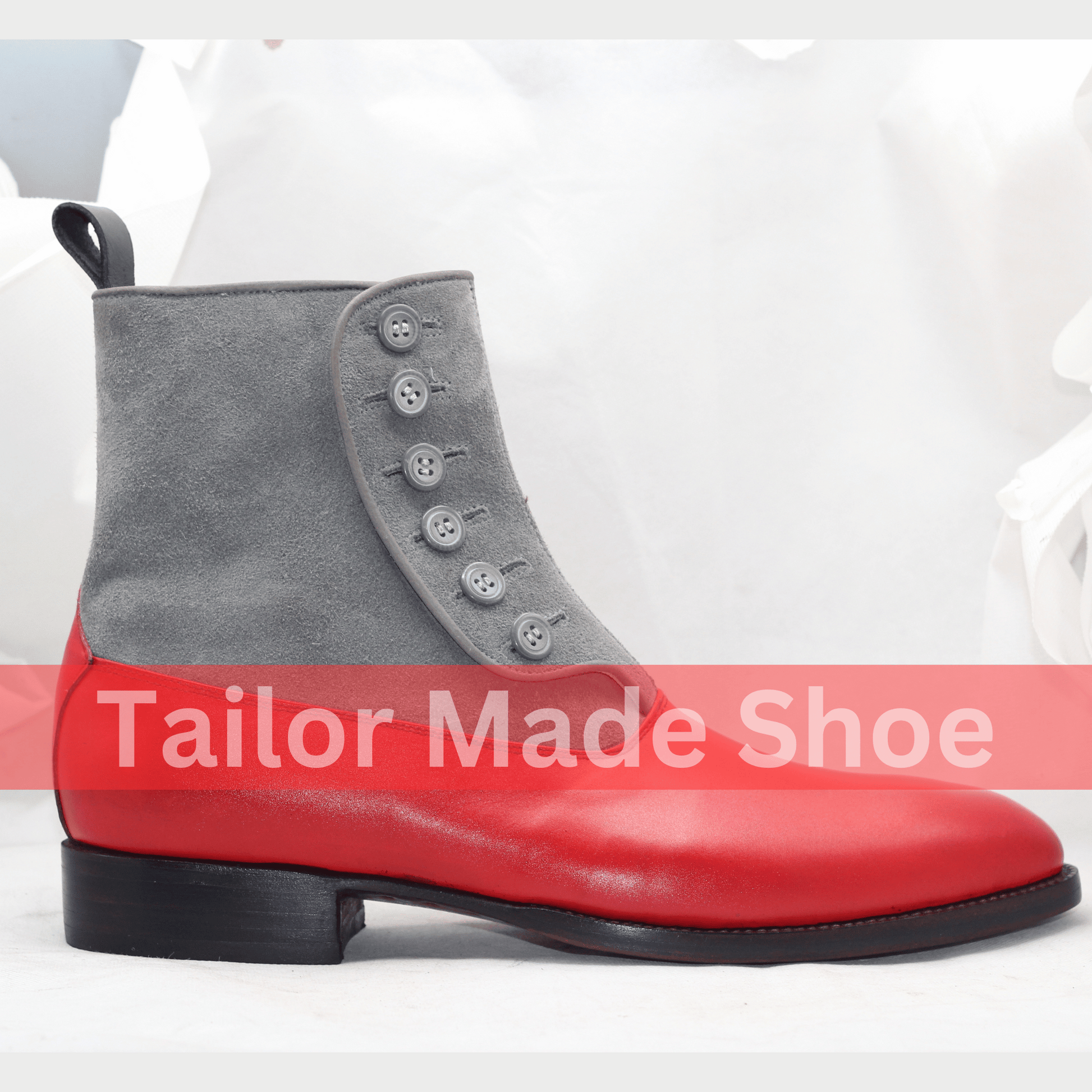 Men's Two-Tone Button Boots – Red Leather & Gray Suede High-End Buttoned Leather Boots Handcrafted Men's Button Boots