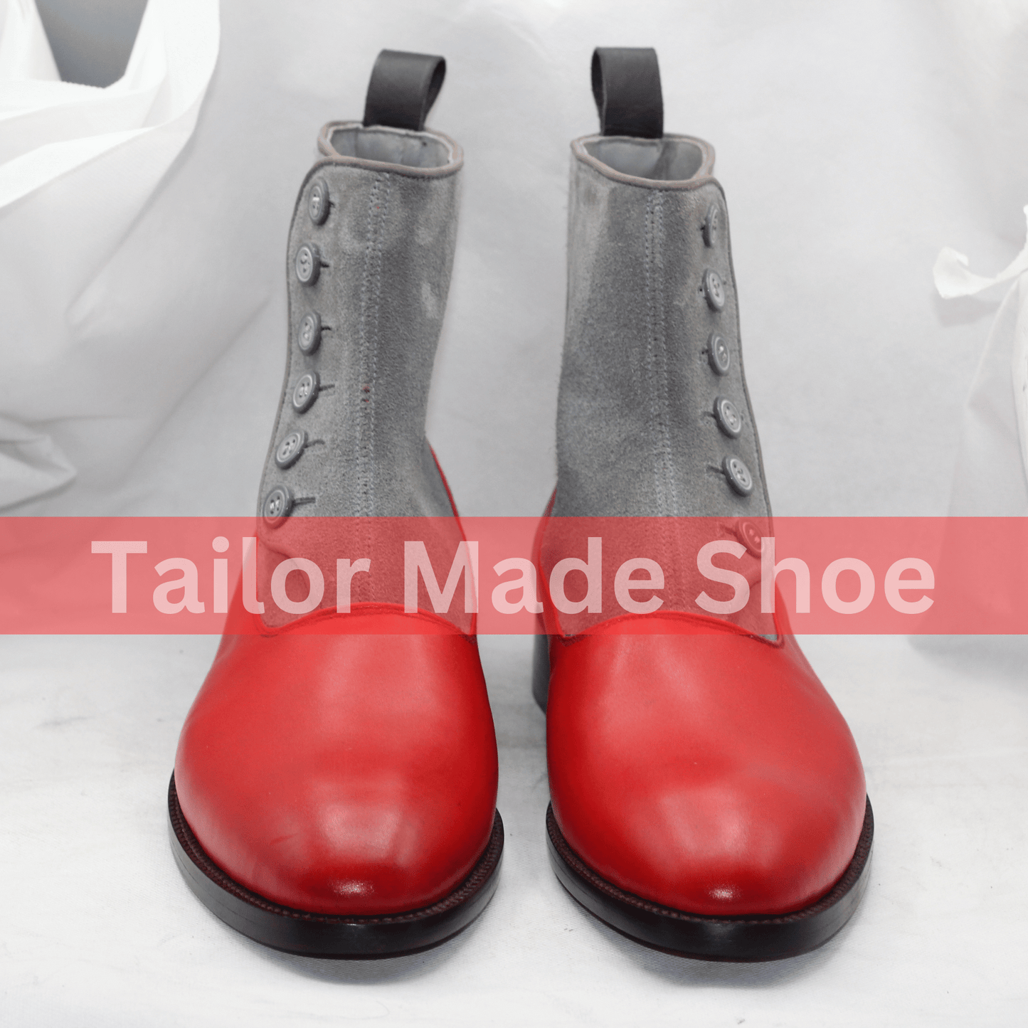 Men's Two-Tone Button Boots – Red Leather & Gray Suede High-End Buttoned Leather Boots Handcrafted Men's Button Boots
