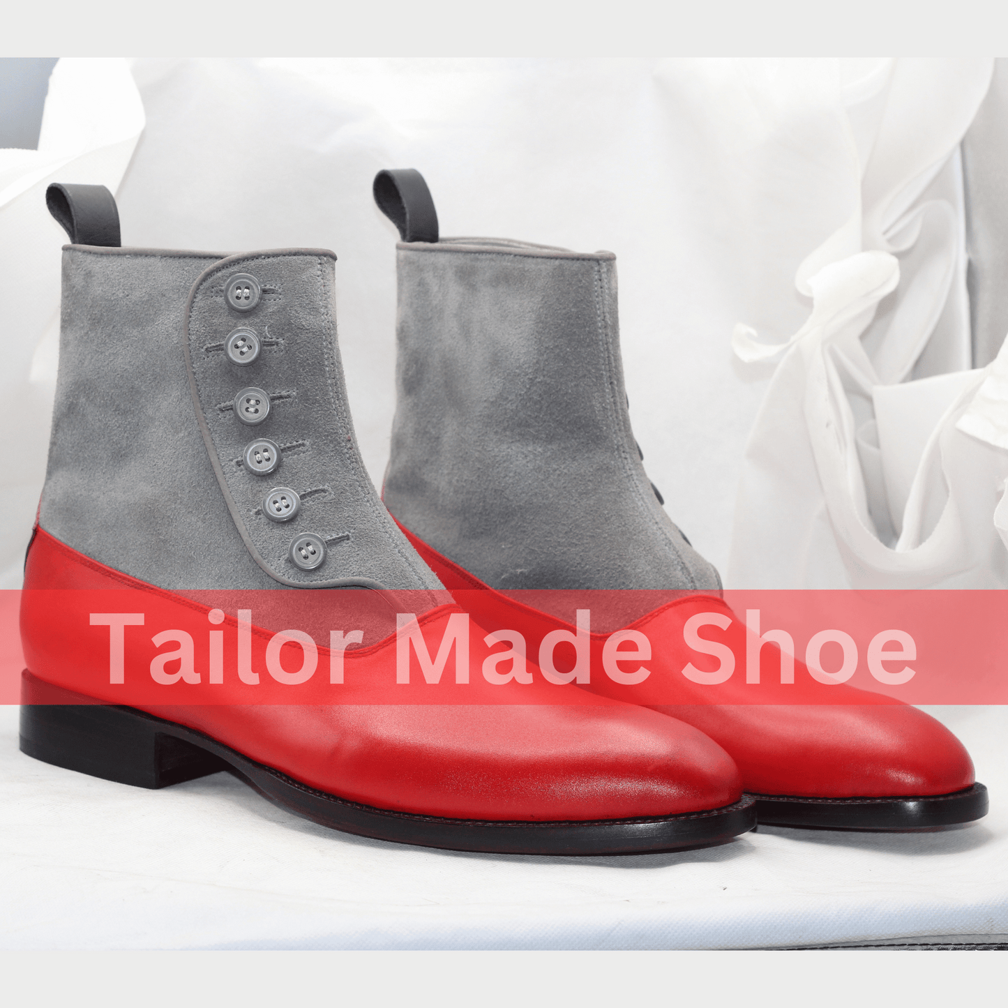 Men's Two-Tone Button Boots – Red Leather & Gray Suede High-End Buttoned Leather Boots Handcrafted Men's Button Boots