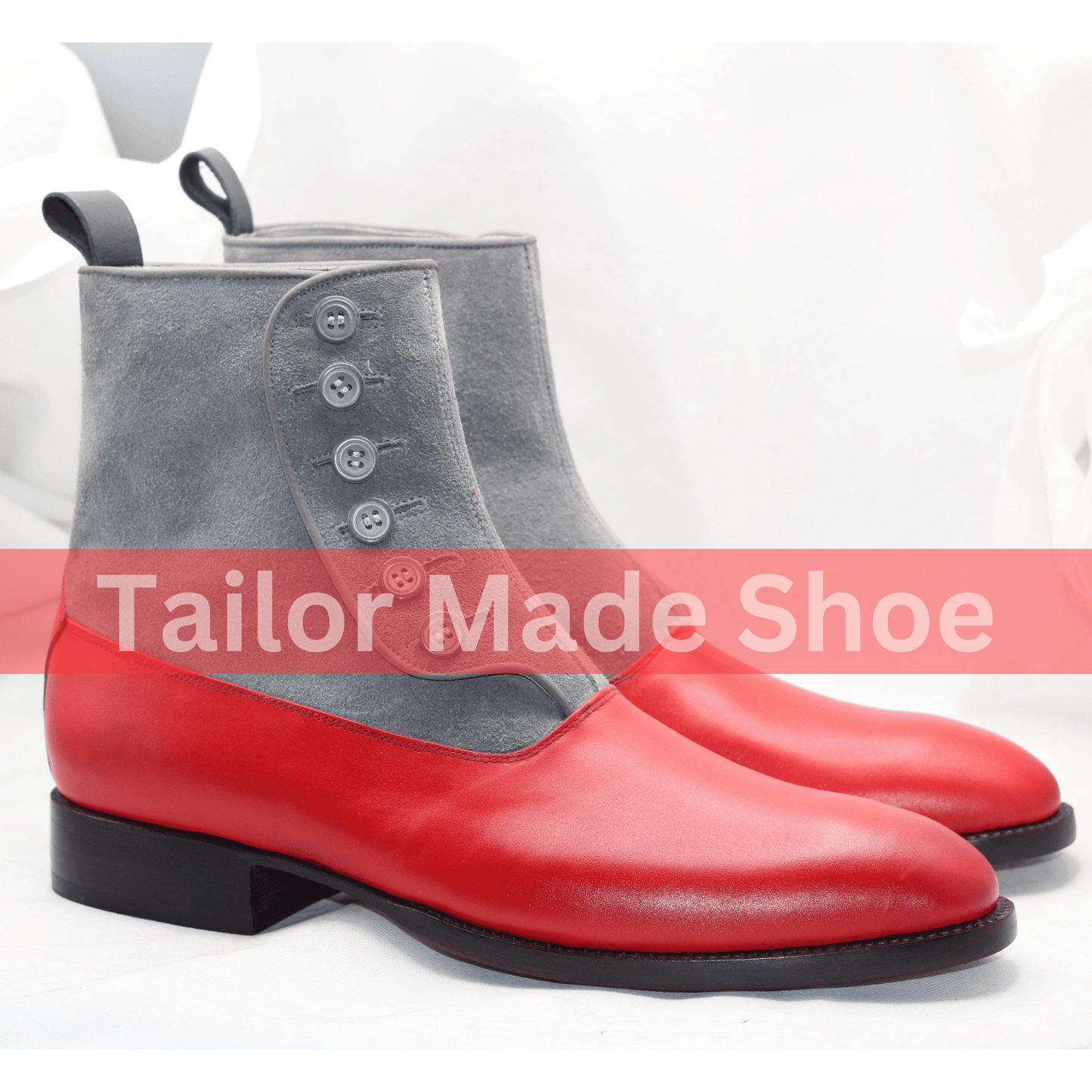 Men's Two-Tone Button Boots – Red Leather & Gray Suede High-End Buttoned Leather Boots Handcrafted Men's Button Boots
