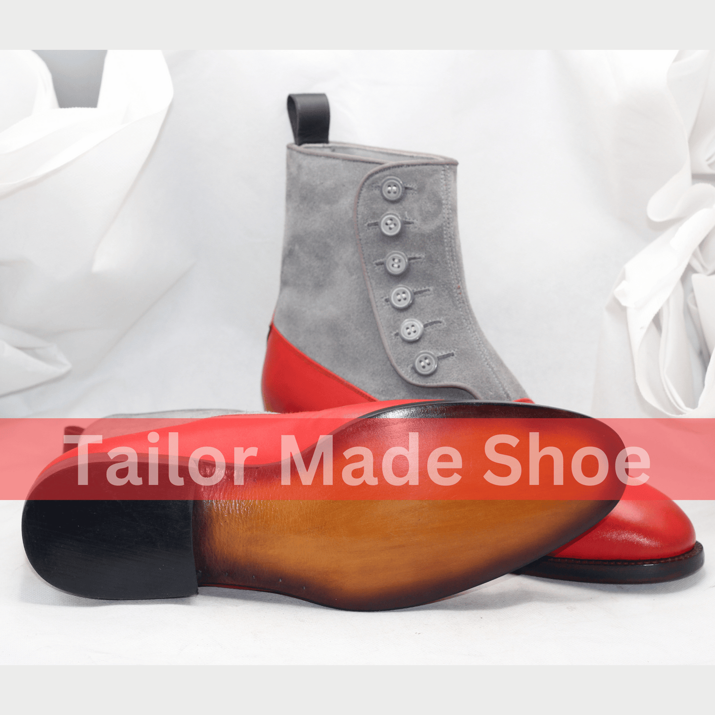 Men's Two-Tone Button Boots – Red Leather & Gray Suede High-End Buttoned Leather Boots Handcrafted Men's Button Boots