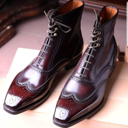 New Custom Made Unique Design Handmade Handcrafted Bespoke High Ankle Premium Quality Burgundy Leather Wingtip Lace Up Mens Premium Boot 