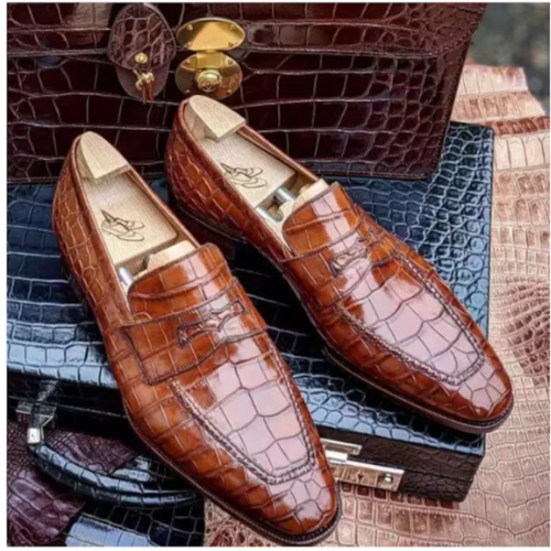New Custom Shoes Handmade Shoes Goodyear Welted Shoes Handstitched Crocodile Print Leather Slipon Moccasin Loafers Shoes Mens Stylish Shoes 