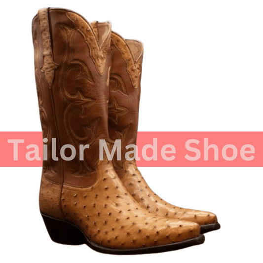 Pure Genuine Handmade Men's Tan Ostrich Print Leather Western Mexican Cowboy Boots