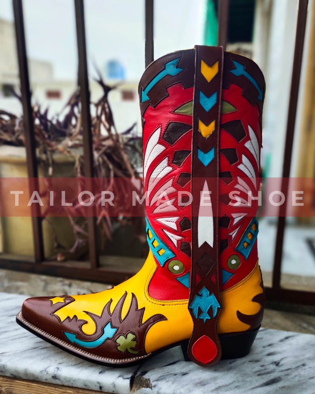 Bespoke Handmade Men's Multi Leather Western Mexican Cowboy Boots Headdress design Thunderbirds Mule ears Vintage Handcrafted Western Cowboy