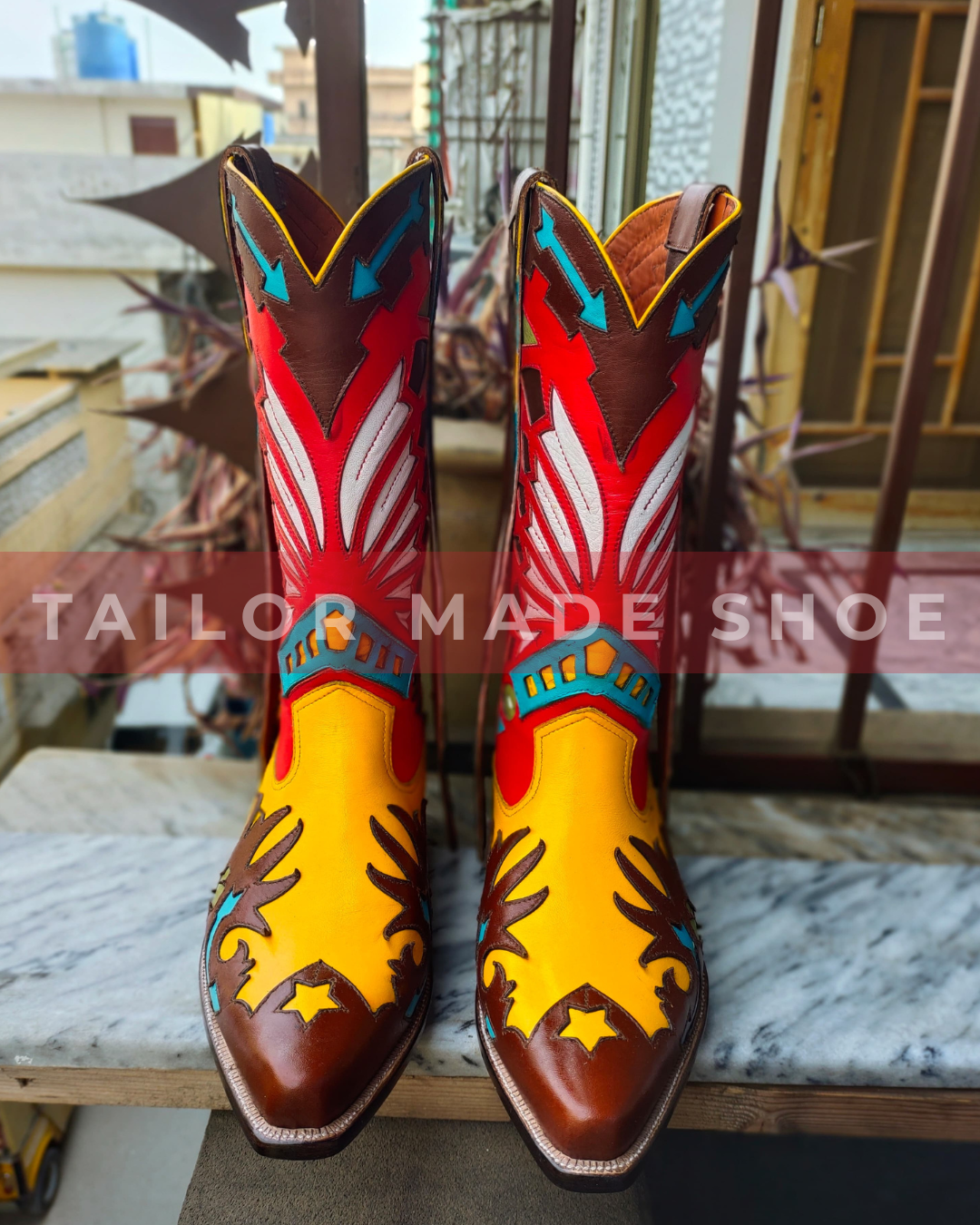 Bespoke Handmade Men's Multi Leather Western Mexican Cowboy Boots Headdress design Thunderbirds Mule ears Vintage Handcrafted Western Cowboy