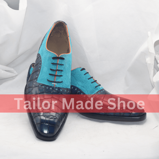 Exotic Blue Croc-Embossed Leather and Suede Men's Oxford Shoes Bold Men’s Designer Shoes – Crocodile Embossed Leather and Vibrant Turquoise Suede