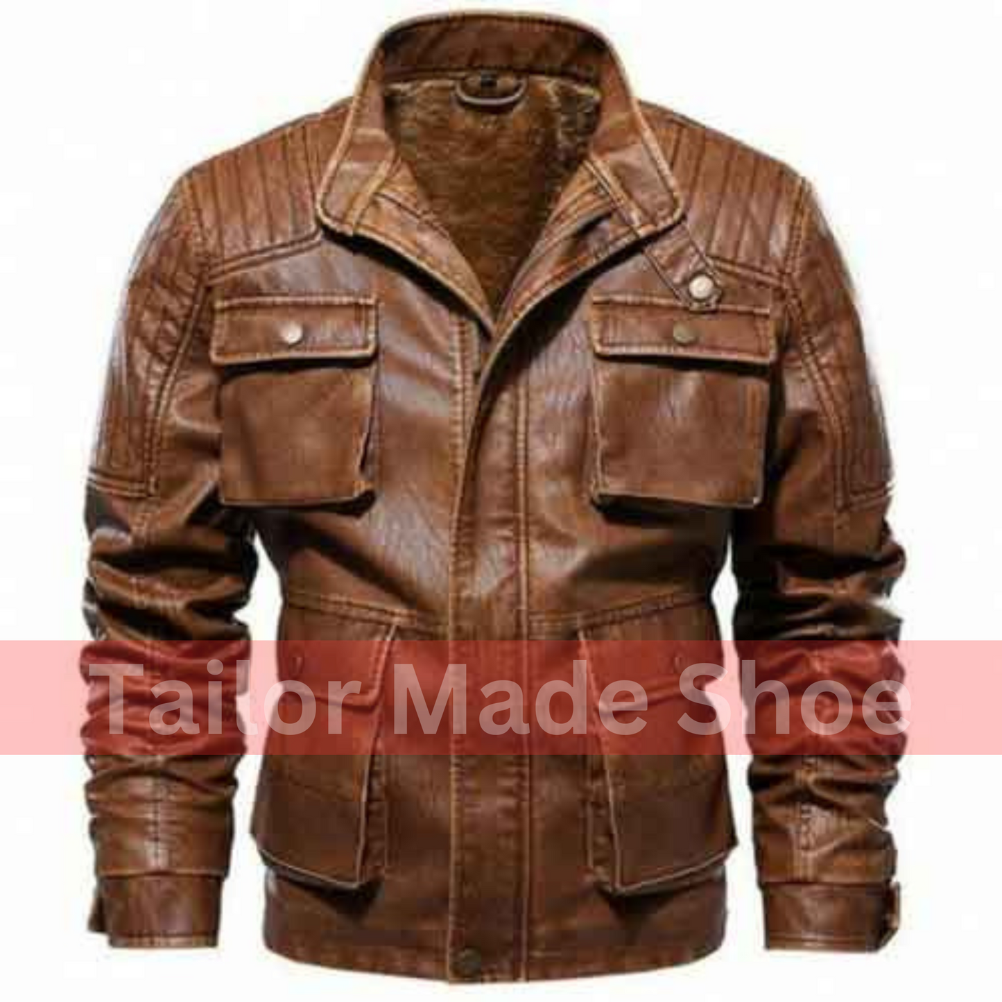 New Men Antique Brown Leather Jacket With Cargo Pockets, Brown Leather Apparel