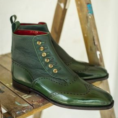 Tailor Made Custom Made Bespoke Handmade Premium Quality Green Leather Wingtip Buttons Boot Vintage Boot Mens Ankle Fashion Boots for Events
