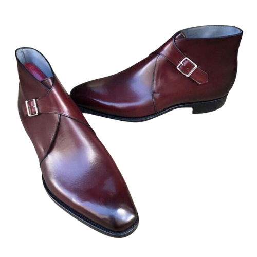Tailor Made Handmade Burgundy Leather Toe Shaded Buckle Strap Monk Chukka Boot