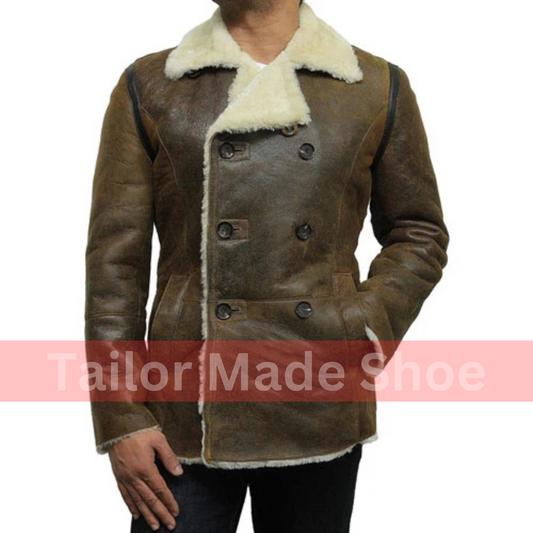 Tailor Made Men's Genuine Olive Sheepskin Leather Warm Duffle Trench Coat