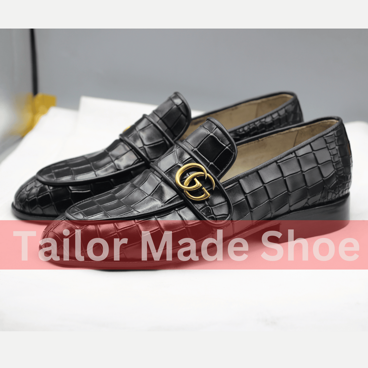 Luxury Black Crocodile-Embossed Loafers with Gold Accent Exclusive Black Crocodile Texture Loafers – Handmade Elegance