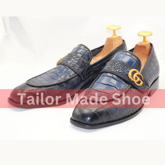 Men's Luxury Crocodile-Pattern Leather Loafers – Custom-Made Leather Loafers with Gold Detail – Navy Blue Elegance