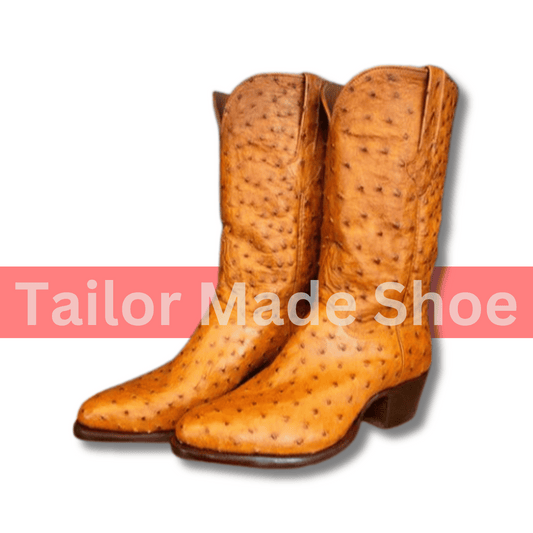 New Premium Quality Handmade Men's Tan Ostrich Print Leather Western Mexican Cowboy Boots