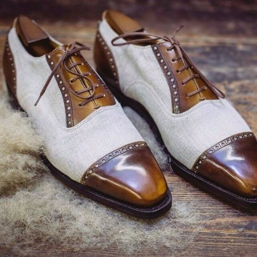 Unique Design Custom Made Handmade Leather Linings White Fabric & Calf Leather Oxford Laceup Toe Cap Mens Stylish Shoes Men Fashion Shoes