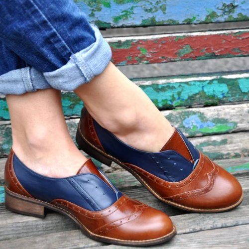 Bespoke Genuine Two Tone Leather Laceless Brogue Wingtip Slip On Womens Oxford Fashion Shoes