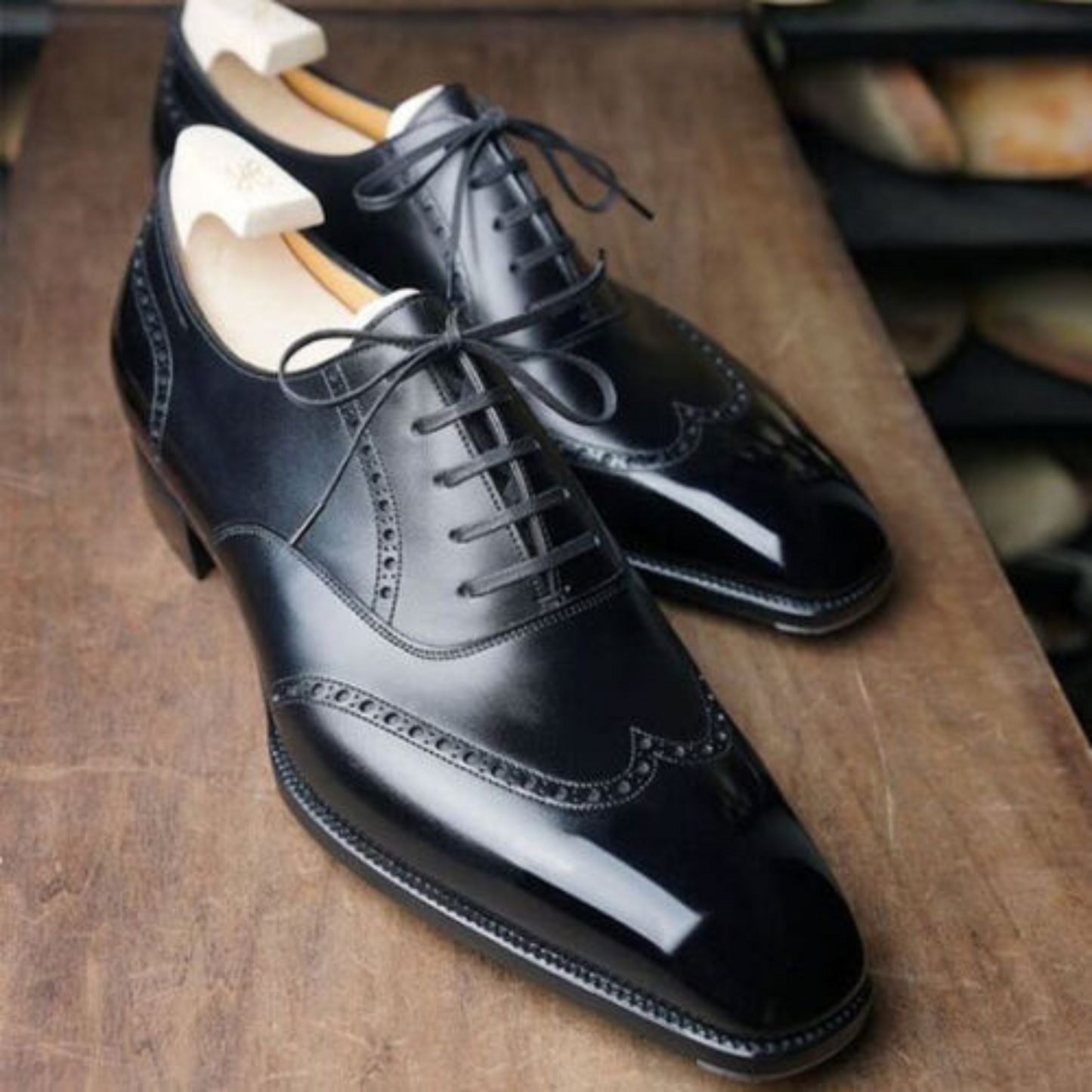 Tailor Made Handmade Genuine Black Leather Oxford Lace Up Wingtip Dress Shoes