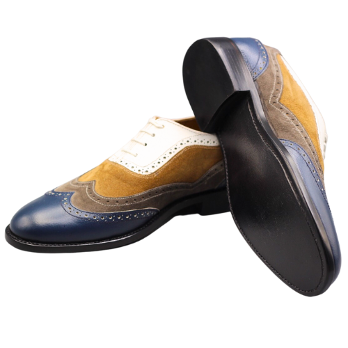Bespoke Handmade Multi Color Leather and Suede Oxford Wingtip Lace up Dress Men's Shoes