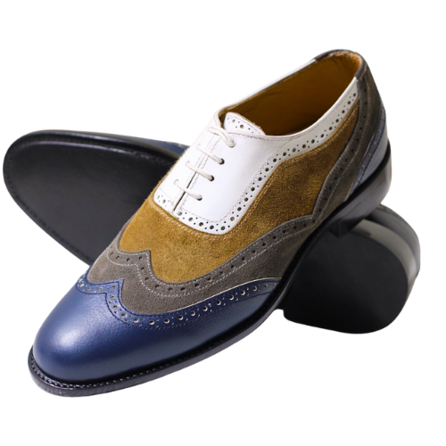 Bespoke Handmade Multi Color Leather and Suede Oxford Wingtip Lace up Dress Men's Shoes