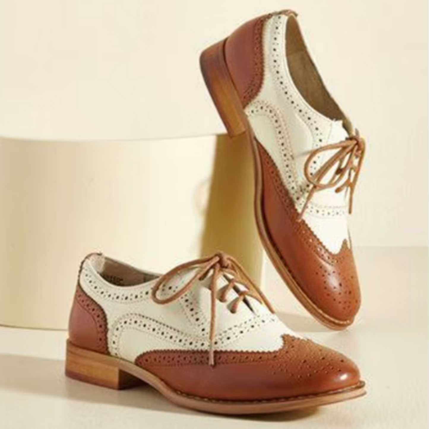 Bespoke Women's Half White and Tan Leather Oxford Wingtip Lace up Dress Shoes