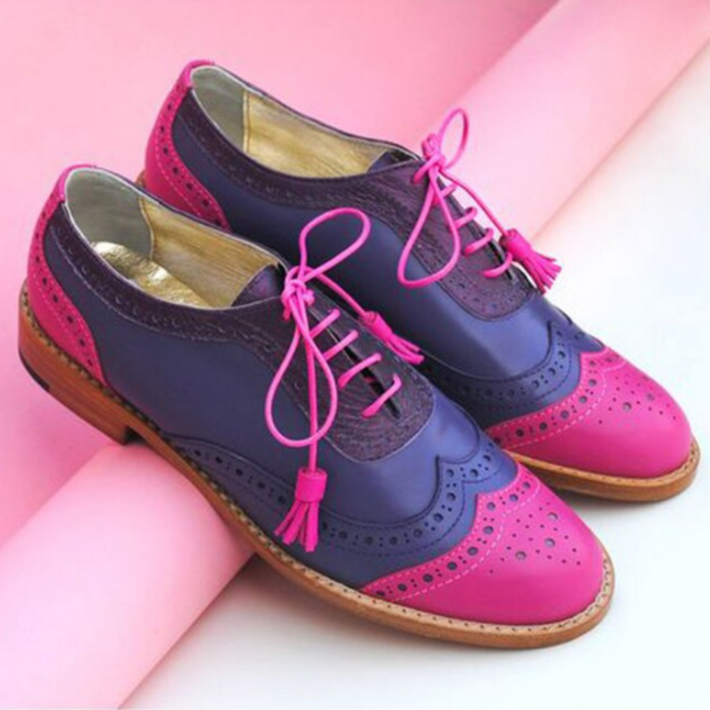 Goodyear Welted Women's Blue and Pink Leather Oxford Lace up Brogue Dress Shoes
