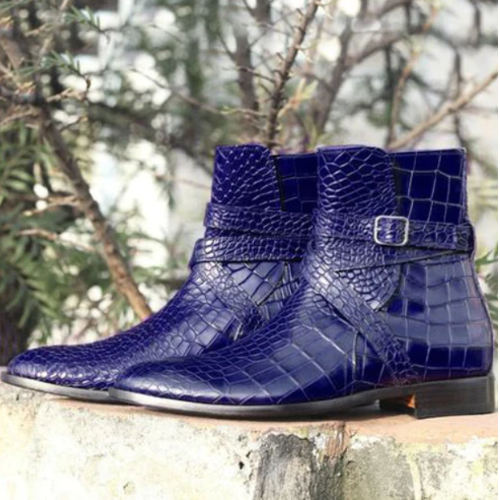Handmade Goodyear Welted Blue Crocodile Print Leather Monk Strap Formal Ankle Men Boots