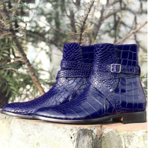 Handmade Goodyear Welted Blue Crocodile Print Leather Monk Strap