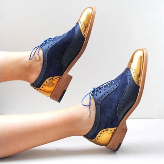 Handmade Women's Gold Patent and Blue Suede Oxford Brogue Lace up Dress Shoes
