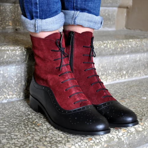 Tailor Made Bespoke Genuine Black Leather & Red Suede Brogue Laceup Womens Custom Boots