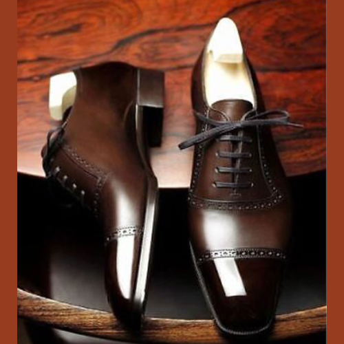 Tailor Made Bespoke Handmade Chocolate Brown Leather Toe Cap Oxford Dress Shoes