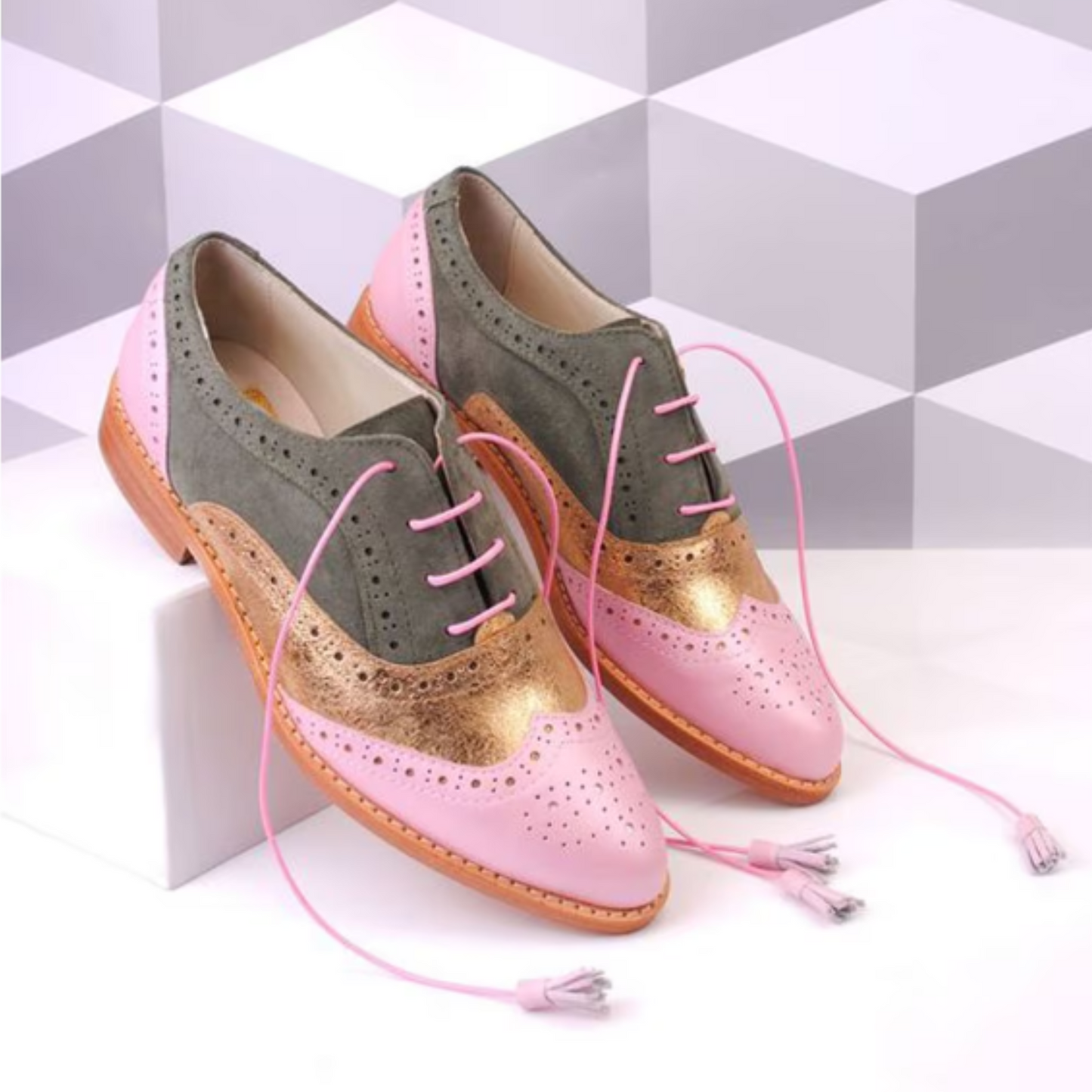 Bespoke Women's Grey, Gold and Pink Leather Oxford Wingtip Lace up Dress Shoes